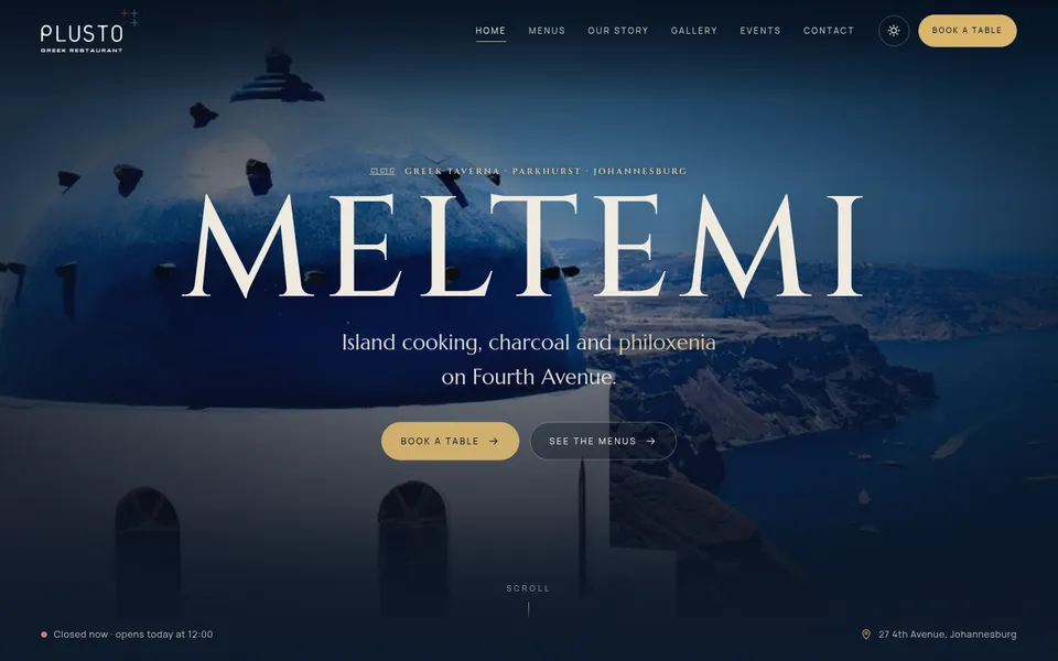 Meltemi example website for greek restaurant